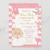 ピンクストライプ色のブロンド髪の女の子ファースト聖餐式 招待状 (正面/裏面)
