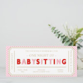 ピンクストライプ色のベビーシッター商品券カード 招待状 (スタンド正面)