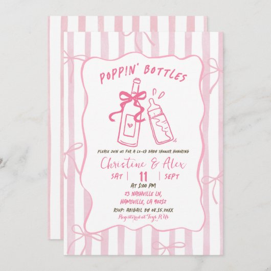 ピンクストライプ色の手描きポップピンボトル赤ちゃんシャワー 招待状 (正面/裏面)