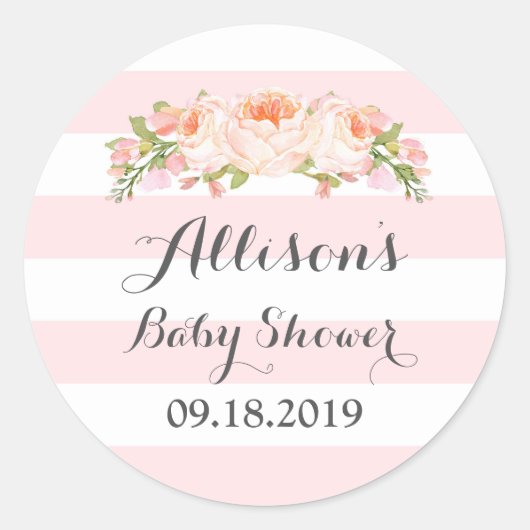 ピンクストライプ色の水彩フローラベビーシャワーラベル ラウンドシール (正面)