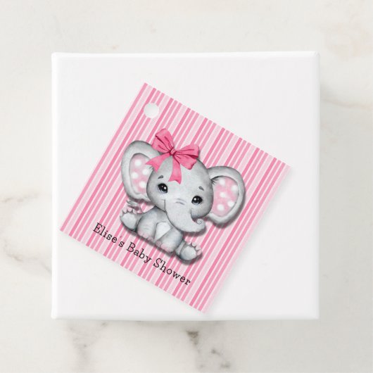 ピンクストライプ色の水彩象の女の子ベビーシャワー フェイバータグ (インサイチュ)