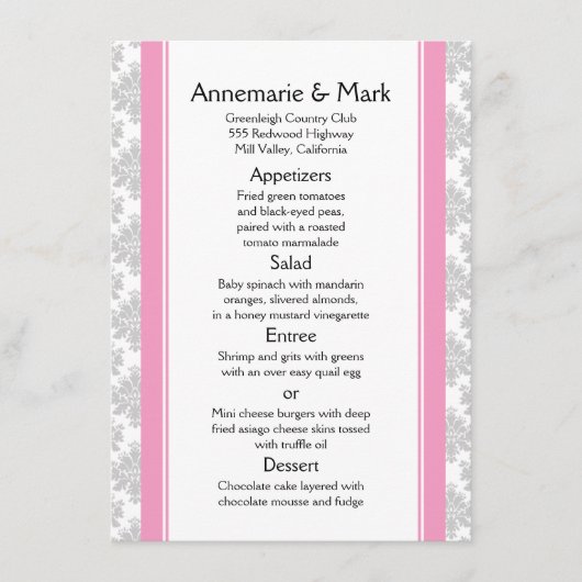 ピンクストライプ色の灰色のダマスク結婚式メニュー メニュー (正面)