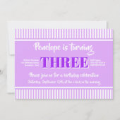 ピンクストライプ色の紫色の誕生日パーティー 招待状 (正面)