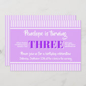 ピンクストライプ色の紫色の誕生日パーティー 招待状 (正面/裏面)