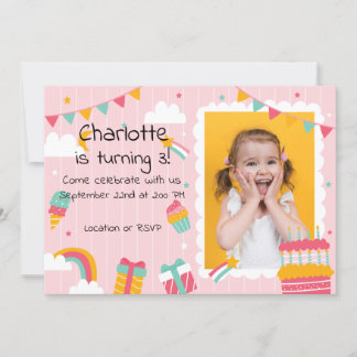 ピンクストライプ色の虹とケーキ誕生日 招待状