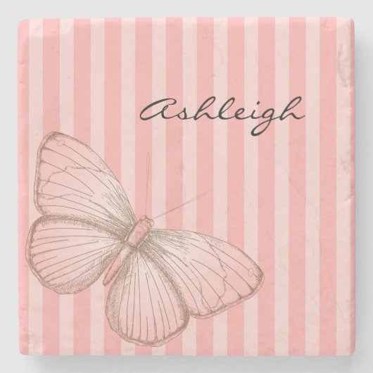ピンクストライプ色の蝶 ストーンコースター (正面)