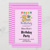 ピンクストライプ色の誕生日パーティー 招待状 (正面/裏面)
