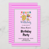 ピンクストライプ色の誕生日パーティー 招待状 (正面/裏面)