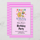 ピンクストライプ色の誕生日パーティー 招待状 (正面/裏面)