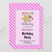 ピンクストライプ色の誕生日パーティー 招待状 (正面/裏面)