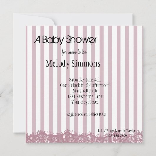 ピンクストライプ色の赤ちゃんシャワー 招待状 (裏面)