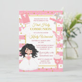 ピンクストライプ色の黒い髪の女の子ファースト聖餐式 招待状 (スタンド正面)