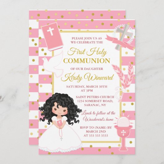 ピンクストライプ色の黒い髪の女の子ファースト聖餐式 招待状 (正面/裏面)
