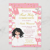 ピンクストライプ色の黒髪の女の子ファースト聖餐式 招待状 (正面/裏面)