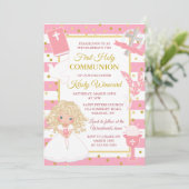 ピンクストライプ色ブロンド少女ファースト・ホリー・コミュニオン 招待状 (スタンド正面)