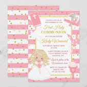 ピンクストライプ色ブロンド少女ファースト・ホリー・コミュニオン 招待状 (正面/裏面)