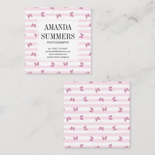 ピンクストライプ色 |グリッターエレガント蝶 スクエア名刺 (正面/裏面)