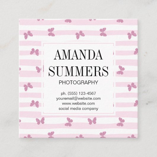 ピンクストライプ色 |グリッターエレガント蝶 スクエア名刺 (正面)