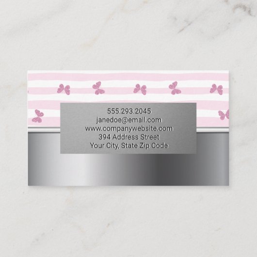 ピンクストライプ色 |グリッター蝶 |シルバーメタル 名刺 (裏面)