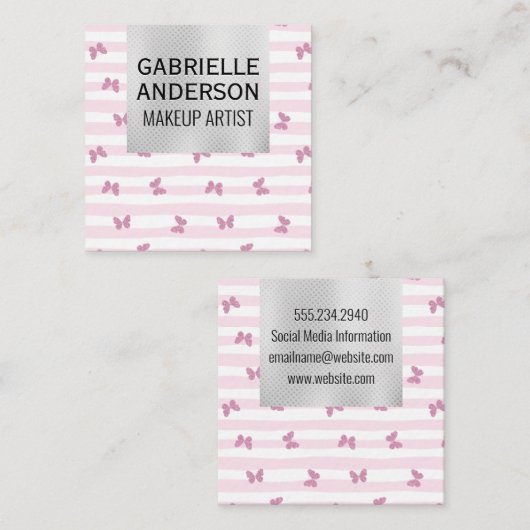 ピンクストライプ色 |グリッター蝶 スクエア名刺 (正面/裏面)