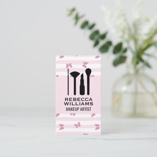ピンクストライプ色 |グリッター蝶 |メイクアップセット 名刺 (スタンド正面)