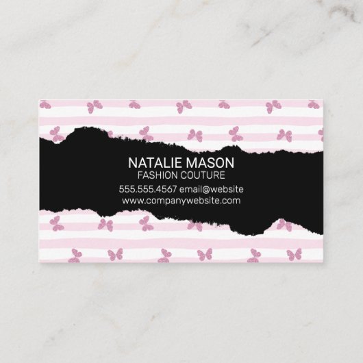 ピンクストライプ色 |グリッター蝶 | Monogram Rupt 名刺 (裏面)