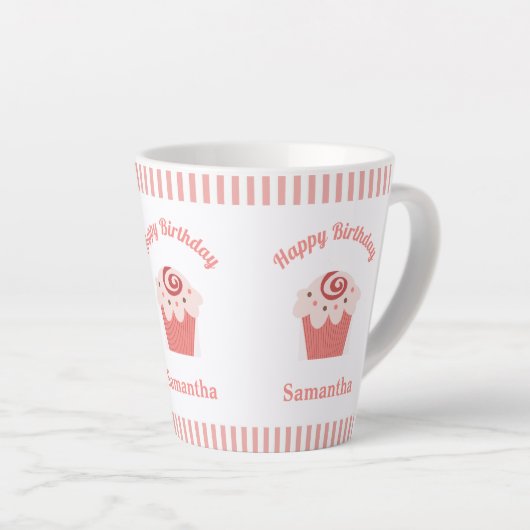 ピンクストライプ誕生日カップケーキ カフェラテマグ (右アングル)