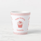 ピンクストライプ誕生日カップケーキ カフェラテマグ (正面)