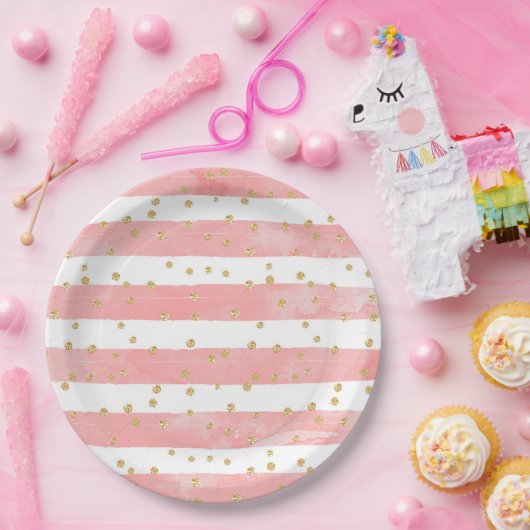 ピンクストライプ赤面とフェイク金ゴールド紙吹雪 ペーパープレート (パーティー)