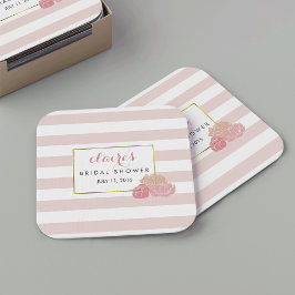 ピンクストライプ赤面牡丹ブライダルシャワーコースター スクエアペーパーコースター