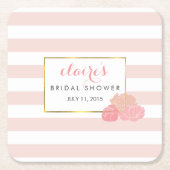 ピンクストライプ赤面牡丹ブライダルシャワーコースター スクエアペーパーコースター (正面)