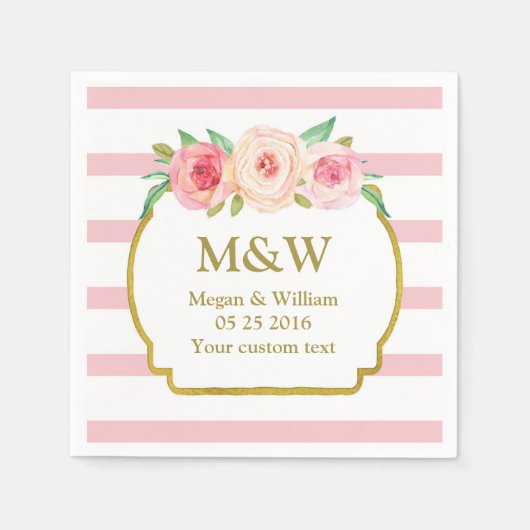 ピンクストライプ金ゴールドピンクフローラ結婚ズナプキン スタンダードカクテルナプキン (正面)