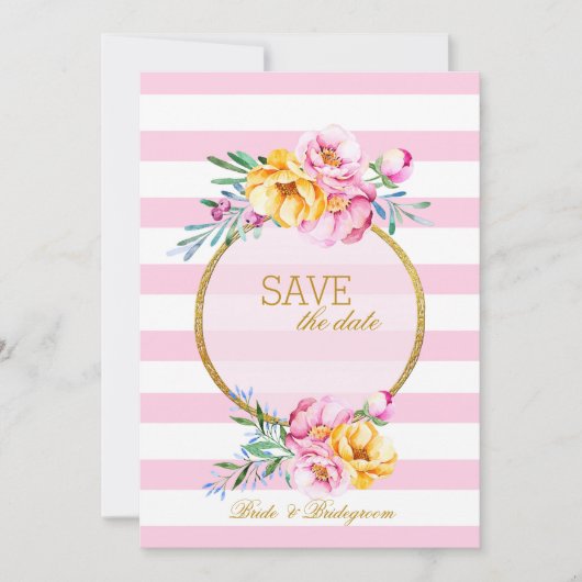 ピンクストライプ金ゴールドフレームフラワー日付の保存 セーブザデート (正面)