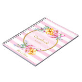ピンクストライプ金ゴールドフレーム結婚フラワーのゲストブック ノートブック (左側)