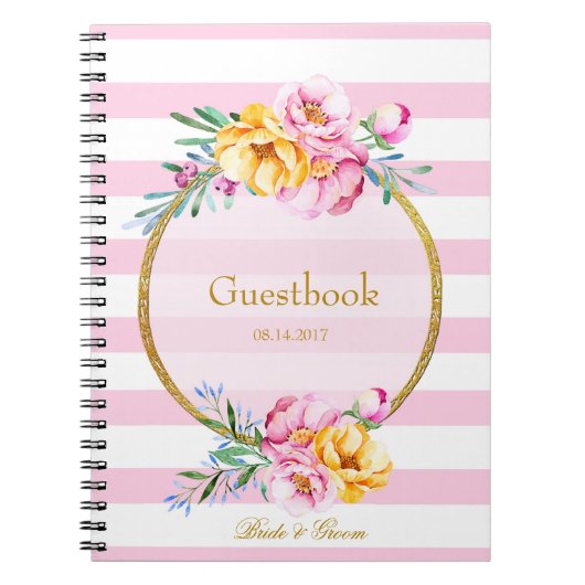 ピンクストライプ金ゴールドフレーム結婚フラワーのゲストブック ノートブック (正面)