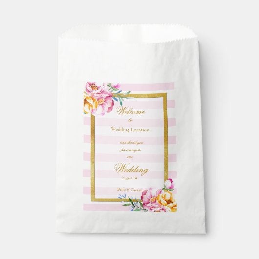 ピンクストライプ金ゴールド枠結婚の花 フェイバーバッグ (正面)