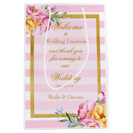 ピンクストライプ金ゴールド枠結婚の花 ミディアムペーパーバッグ