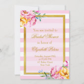 ピンクストライプ金ゴールド枠花ブライダルシャワー 招待状 (正面)