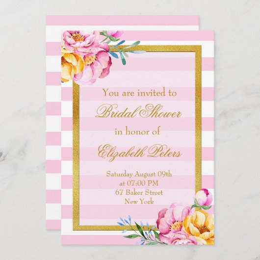 ピンクストライプ金ゴールド枠花ブライダルシャワー 招待状 (正面/裏面)