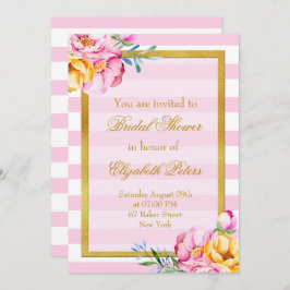 ピンクストライプ金ゴールド枠花ブライダルシャワー 招待状