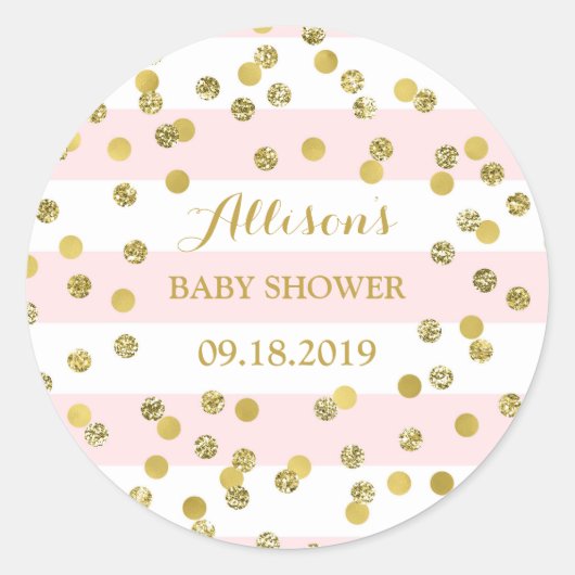 ピンクストライプ金ゴールド紙吹雪ベビーシャワーメッセージカード ラウンドシール (正面)