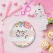 ピンクストライプ金ゴールド紙吹雪水彩の花 ペーパープレート (パーティー)