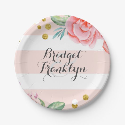 ピンクストライプ金ゴールド紙吹雪水彩の花 ペーパープレート (正面)