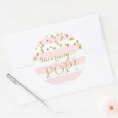 ピンクストライプ金ゴールド紙吹雪準備が整ったポップ・アートの ラウンドシール (封筒)