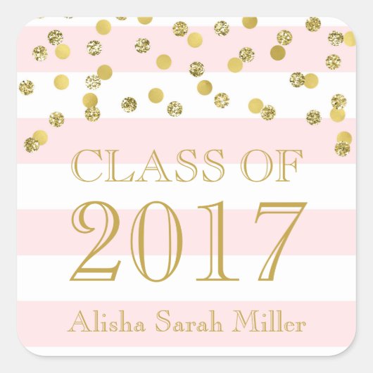 ピンクストライプ金ゴールド紙吹雪2017年卒業クラス スクエアシール (正面)