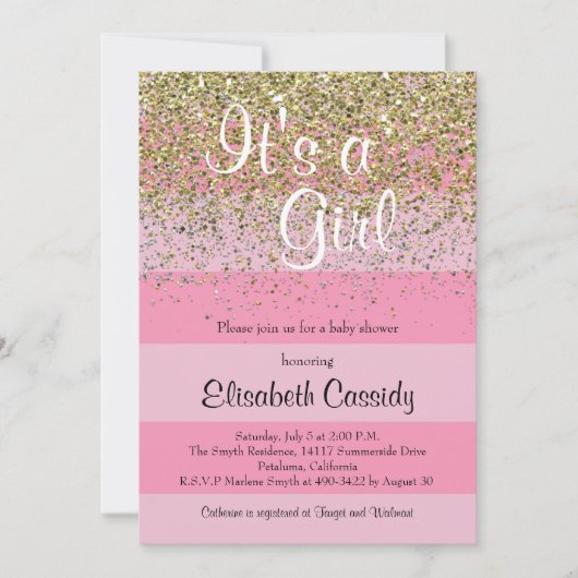 ピンクストライプ金ゴールド&グリッターベビーシャワー招待状 招待状 (正面)