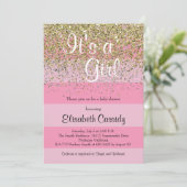 ピンクストライプ金ゴールド&グリッターベビーシャワー招待状 招待状 (スタンド正面)