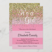 ピンクストライプ金ゴールド&グリッターベビーシャワー招待状 招待状 (正面/裏面)