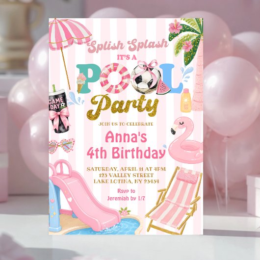 ピンクストライプ サッカー プールパーティー 女の子 誕生日 招待状