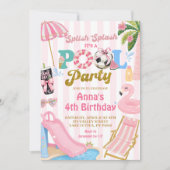 ピンクストライプ サッカー プールパーティー 女の子 誕生日 招待状 (正面)